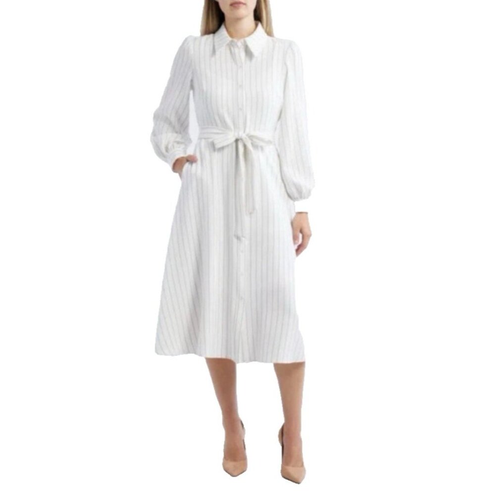 Julia Jordan Midi Shirt Dress 10 White Black Pinstripe Long Sleeve A Line NEW